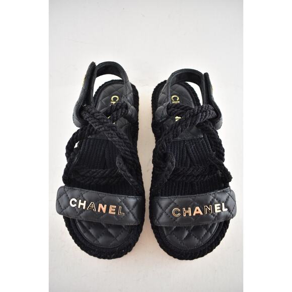 Chanel REV Black Gold Cord Rope CC Quilted Mule Ankle Strap Dad Sandal Flat 36 - Picture 6 of 14